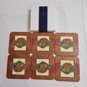 6 Pimpernel Christmas Coasters Cork Backed 4" square original box vtg Decorative